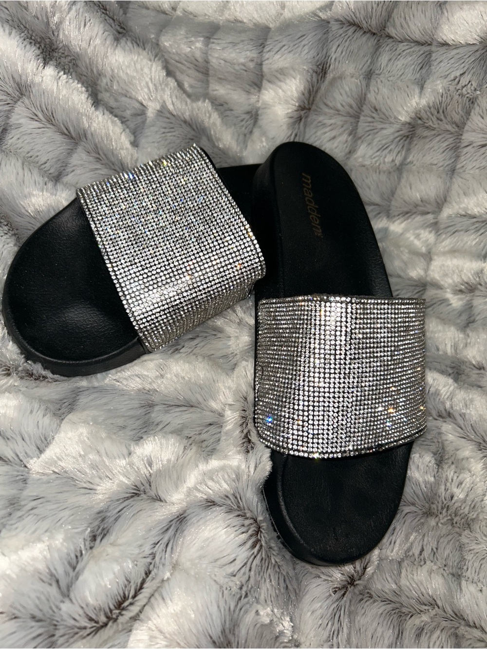 Madden Girl Silver Crystal Slide Mules